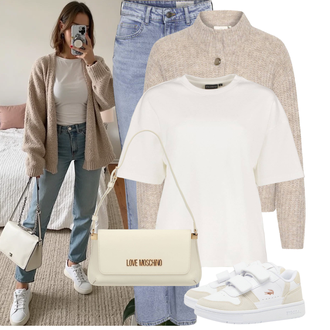 Jeans Outfits Elegant met Khaki/bruin/beige/wit/grijs Schoudertas/Baguette tas/Brief Portemonnee/Schoudertas/Schooltas/Crossbodytas/Kleine Tas Love Moschino "Modieuze lente-outfit"Look: Boyfriend, Casual, Chill, Elegant, Stijl, Elegante, Klassiek, Premium, Prachtige, Leeuw, Italiaans, Mom, Glamoureus