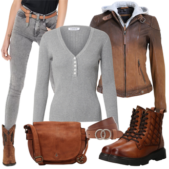 Outfit mit Grau/Hellgrau/Dunkelgrau/Braun Lederjacke/Ankle Boot/Biker Jeans/High Waist Jeans/Jeans mit Schlitz/Push up Jeans/Slim Fit Jeans/Cuir Chaussures/Thermojeans/男士皮夹克/Winterjacke Only "Stilvoller Look für die Freizeit"