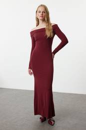 Burgundy Color Block Fitted Carmen Neck Stretchy Maxi Knitted Dress