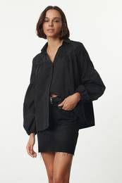 Black Shoulder and Sleeves Embroidery Lace Detailed Woven Shirt