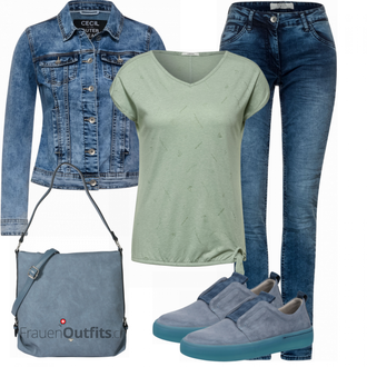 Outfit mit Blau Jeans CECIL, Grau T Shirt CECIL "Sommerliche Bekleidung"