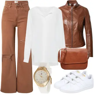 Outfit s Hnědá/Khaki/Béžová/Oranžová Zvonové Džíny/Džíny s Rozparkem/Kožené bundy/Džíny Culottes/Džíny s Dírou/Cargo džíny Tally Weijl "Módní vzhled pro podzim"