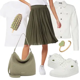 Outfit mit Dunkelgrün/Khaki Casual Top/Casual T-Shirt/Ausgefallenes T-shirt/Langes Oberteil/Longshirt/T-Shirt Mit Print/Hemdoberteil/Kurzarm T-Shirt/Cargo Rock/Cordrock/Midirock/Moderne Rock/Vintage Jeansrock einstein & newton "Schönes Frühlingsoutfit"