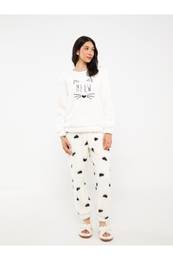 Crew Neck Embroidered Long Sleeve Plush Women's Pajama Set