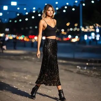 Festival Outfit Glitzer mit Dunkelblau/Schwarz Strickrock/Plisseerock/Crinkle Rock/Standesamt Rock/Wadenlanger Rock/Lagenlook Rock Gina Laura "Glitzernder Musikfestival-Stil"