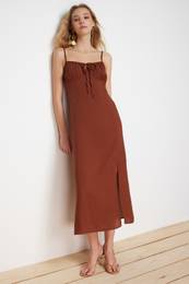 Brown A-Line Midi Woven Dress with Tie Detail on the Collar