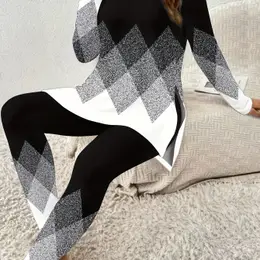 Size Print Two-piece Set - Long Sleeve Crew Neck Top & Pants With Side Slit, Casual Knit Outfit For Women
