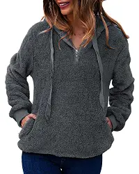 LIVACASA Sweatshirt Damen Winter Warm Hoodie Weich Mädchen Oversized Teddy Fleece Pullover Mit Kaputze Flauschig Winterpullover Sweater Langarm Pulli mit 2 Tasche Grau M