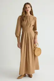 Camel 100% Cotton Pleated Woven Dress