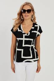 Women's Black V-Neck Patterned Blouse