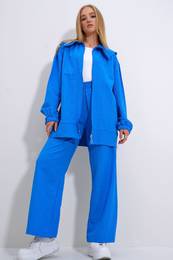 Trend Alaat Stili Women's Sax Polo Collar Zippered Jacket and Trousers Double Suit