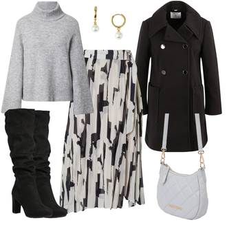 Midi Outfit mit Grau/Beige/Braun/Weiß/Schwarz Short Große Größe/Kleid Große Größe/80er Rock/90er Rock/Christlicher Rock/Italienischer Rock/Midirock/Moderne Rock/Bedruckter Rock/Standesamt Rock/Rock Zum Binden/Wickelrock warehouse "Moderner Freizeitlook"