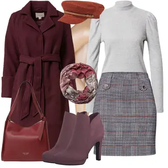 Outfit mit Grau/Dunkelgrau/Dunkelblau/Blau/Lila Short Große Größe/Strick Große/70er Minirock/Boucle Rock/Hahnentritt Rock/Minirock/Karierter Rock/Tweed Rock About You "Business Look für Damen"