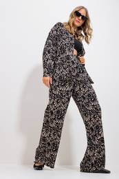 Trend Alaat Stili Women's Sand Beige Patterned Shirt And Trousers Bottom Top Woven Suit