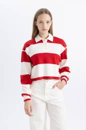 Cool Crop Striped Long Sleeve Polo T-Shirt