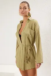 Khaki Mini Woven Tasseled Linen Blend Beach Dress