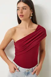 Happiness stanbul Women's Burgundy One Shoulder Gathered Knitted Blouse