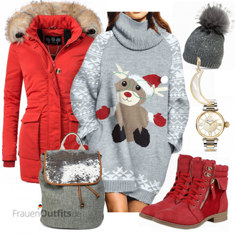 Outfit mit Grau Winterpullover/Plüsch Pullover/Weihnachtspullover Viottiset "Marikoo jacke"