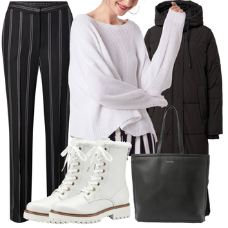 Outfit Inspo Schule mit Schwarz Langer Daunenmantel/Langer Wintermantel/Parka große Größe About You, Creme/Weiß Strick Große/Sweatmode/2-in-1 Pullover/Basic Pullover/Carmenpullover/Crop Pullover/Feinstrickpullover/Kaschmir Pullover/Nicki Pullover/Rundhals Pullover/Einfacher Pullover/Thermo Pullover Only "Elegantes Outfit Inspo"Look: Wasen, Beerdigung, Konzert, Electro, Schule, Pop Konzert
