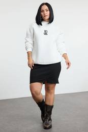 Curve White Regular Fit Polar Fleece Inside Slogan Printed Plus Size Sweatshirt