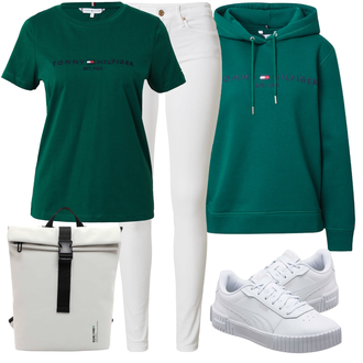 Outfit mit Weiß/Creme/Grau Lederjacke/Jeans mit Schlitz/Push up Jeans/Leder Schuhe/Slim Fit Jeans/High Waist Jeans/Knöchelstiefel/Low Rise Jean Tommy Hilfiger "Frühlings Outfit"