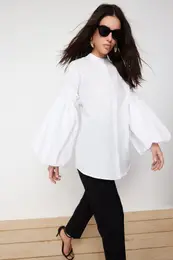 White Balloon Sleeve Cotton Woven Shirt