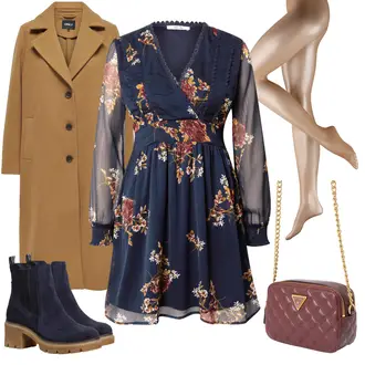 Outfit mit Dunkelblau/Blau SommerStiefelette/Gefütterte Stiefelette/Lederjacke Tamaris "Blumiger Herbstlook"