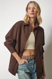 Happiness stanbul Women's Brown Single Pocket Boyfriend Poplin Shirt