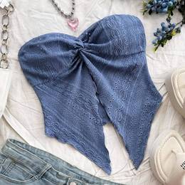 Elegant Lace Hollow Bandeau Top, Polyester And Elastane , Knit Fabric, Solid Color, Strapless Design, For All