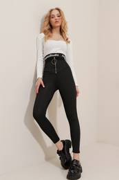 Trend Alaat Stili Women's Black Ring Zipper Detail Matte Textured High Waist Leggings