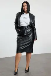 Curve Black Faux Leather Pocket Woven Plus Size Skirt