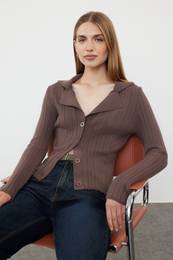 Brown Premium Yarn/Special Yarn Polo Neck Knitted Cardigan