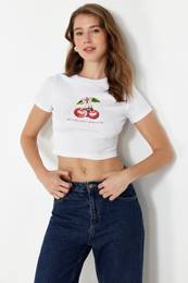 White 100% Cotton Cherry Printed Crop Fitted Flexible Knitted T-Shirt