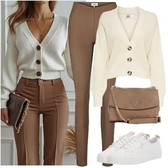 Outfit mit Beige/Braun Schulranzen/Kleine Tasche/Schultertasche/Brieftasche/Schultertasche Guess "Modisches Frühlingsoutfit"
