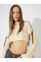 X Zeynep Bastk - Tassel Detail Hair Knitting Stand Collar Oversize Crop Sweater