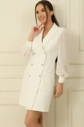 By Sayg Double Breasted Neck Chiffon Sleeve Front Buttoned Lined Crepe Wide-Body Interval Dress