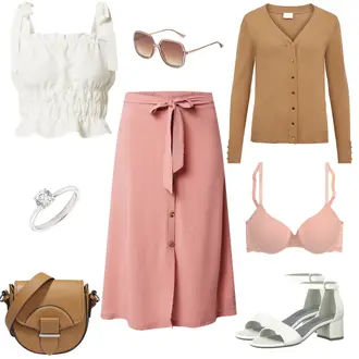 Outfit mit Rosa 60er Jahre Rock/A Linien Rock/Wadenlanger Rock/Ausgestellter Rock/Knielanger Rock/Midirock/Moderne Rock/Standesamt Rock/Short Große Größe/Kleid Große Größe About You "Femininer Sommerlook"