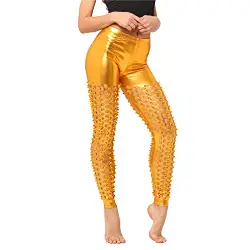 Latex Leggings für Frauen Fischschuppen Leggings Hosen Sexy hoch taillierte Nachtclub Punk Stil Rock Metall Loch hell Leggings,Gold,One Size