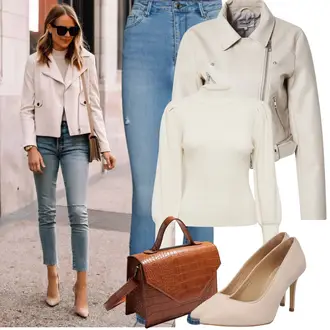 Outfit mit HellBlau/Blau Lederjacke/Damen 7/8-Länge Jeans/Ankle Boot/High Waist Jeans/Jeans mit Schlitz/Jeans mit Loch/Push up Jeans/Schlupfjeans/Cuir Chaussures VERO MODA "Frühling outfit"
