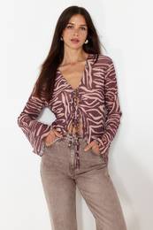 Light Brown Patterned Tie Detailed Tulle Flexible Knitted Blouse