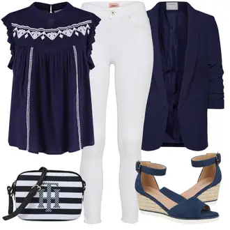 ohne Verschluss Outfit mit Dunkelblau 3/4 Bluse/Bluse Oberteil/Bluse mit Stehkragen/Bluse Mit Schleife/Business Bluse/Elegante Bluse/Lederjacke/Longbluse/Langarmbluse/Tunika Pieces "Schöner Sommer Look"