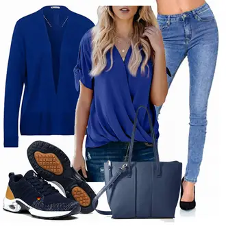 Outfit mit DunkelBlau/Blau/Grau/HellBlau Lederjacke/Crash­bluse/Kurzarmbluse/Wickelbluse/Bluse Oberteil/Einfarbige Bluse Zereesa "Auffälliger Sommer Look"