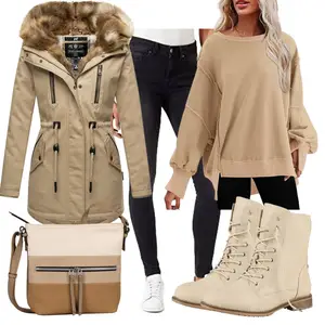 Outfit mit Khaki/Braun/Beige Kapuzenmantel/Wintermantel/Mantel mit Reißverschluss/Outdoormantel/Parka Navahoo "Schickes Herbst Outfit"