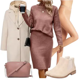 Zweiteilige Hochzeitsgast Outfit mit Braun/Lila/Rosa Langes Strickkleid/Herbstkleid/Langärmliges Winterkleid/Winter Strickkleid shownicer "Modischer Look Für Den Herbst"