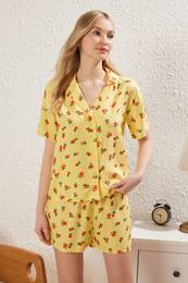 Yellow Floral Slit Viscose Shorts Woven Pajama Set