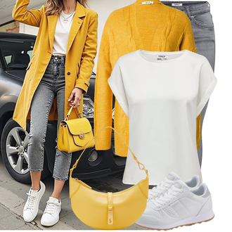 Veći brojevi Potvrda Gost Outfit sa Žuta Pletivo Veći Broj About You "Cool za slobodno vrijeme"Look: Elektro, Ramazán bájram, dan na plaži, Brvnare, Škola, Koncer, Potvrda