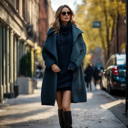 Schwarz/Dunkelbraun/Braun Klassischer Stiefel/High Heels Stiefel/Langer Stiefel/Spitzer Stiefel/Overknee Stiefel/WeitschaftStiefel/Kniehoher Stiefel Tamaris kombinieren mit Dunkelblau Langes Strickkleid/Winter Strickkleid/Pulloverkleid/Langärmliges Kleid SAINT TROPEZ