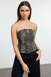 Multicolored Animal Leopard Patterned Strapless Zipper Detailed Woven Blouse