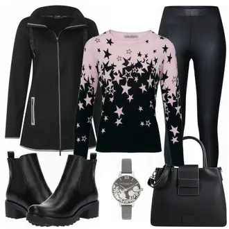 Oversize Kurz Outfit mit Schwarz Chelsea Boot/Lederjacke/Flache Stiefelette/Gummistiefelette About You "Heine"Look: Uni, Schick, Edel, Coole, Oversize, Techno, Unisex, Wetlook