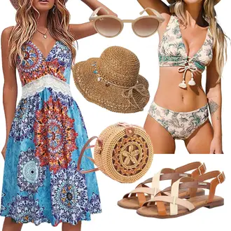 Outfit mit Weiß/Braun/Beige/Orange Spangenschuh/Riemchen Sandale/Fisherman Sandale/T-Strap-Sandale/Sommer Schuh/Römer Sandale/Vintage Sandale Pikolinos "Strand Outfit"